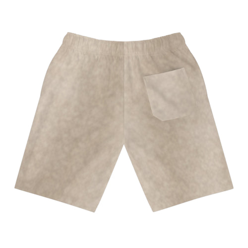Beige Marble Pocket Athletic Shorts — Long AOP Performance Shorts